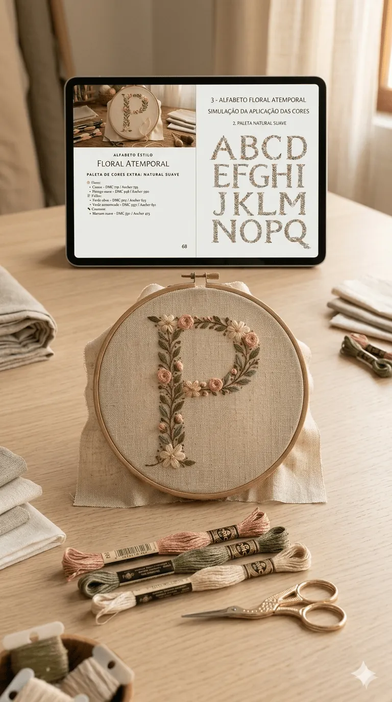 Tablet com o eBook de alfabeto floral ao lado de bastidor com a letra P bordada