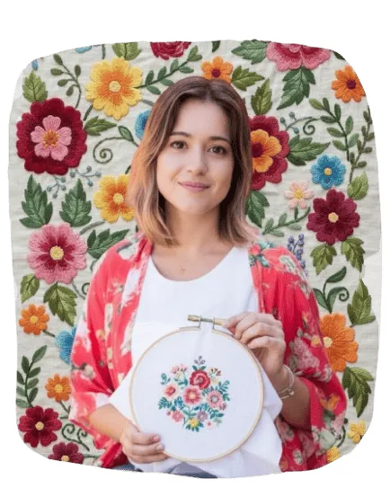 Maria Paixão segurando um bastidor com bordado floral