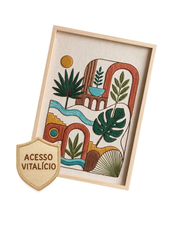 Quadro emoldurado com bordado contemporâneo de arcos, folhagens e água, com selo de acesso vitalício