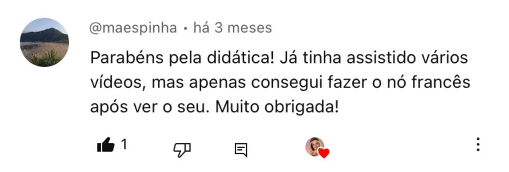 Print de avaliação de aluna sobre o curso de bordado livre