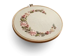 Bastidor com a letra C bordada com flores em tons rosados