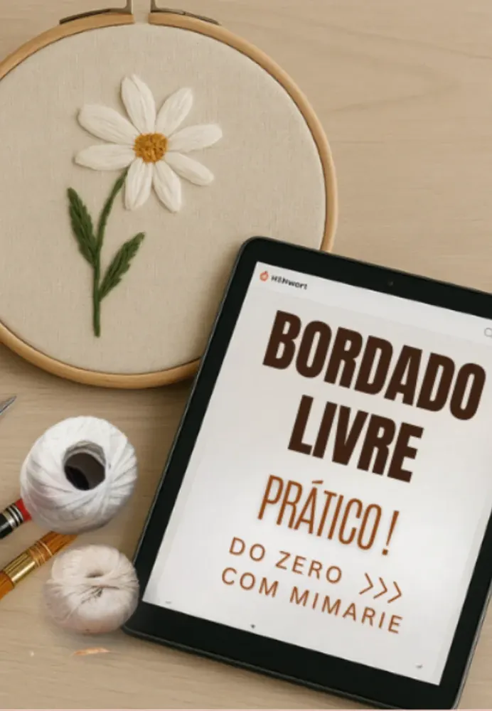 Bordado Livre Prático, curso da Mimarie, com bordado de margarida e tablet