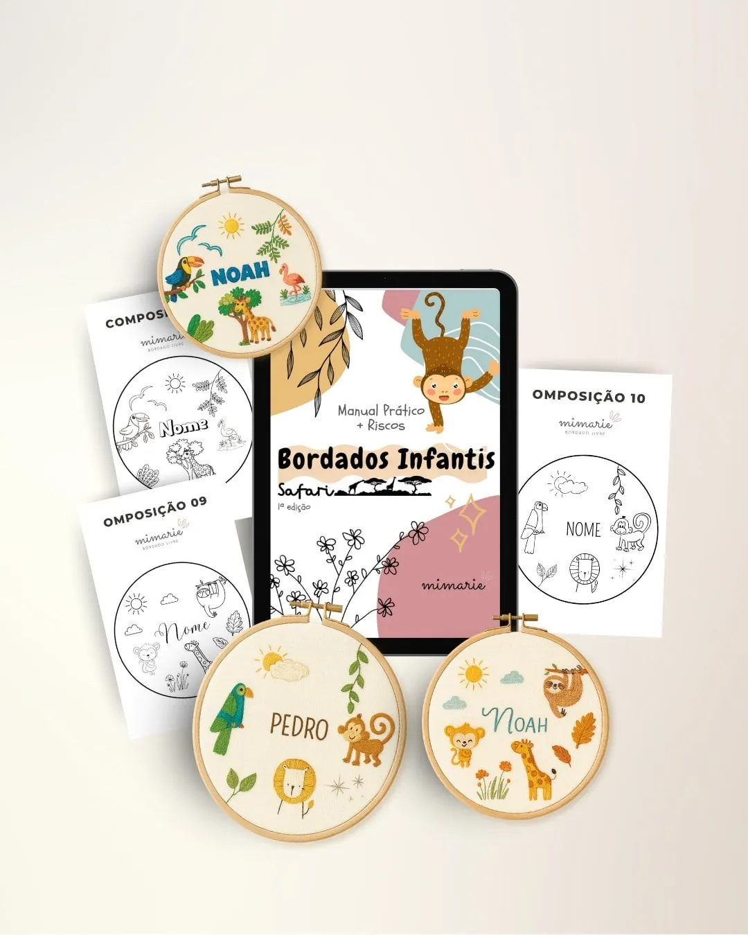 Tablet com os riscos MiMarie ao lado de bastidores bordados