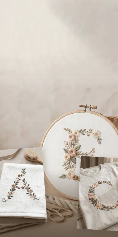 Bastidor e quadrinho com letras florais bordadas em ambiente claro