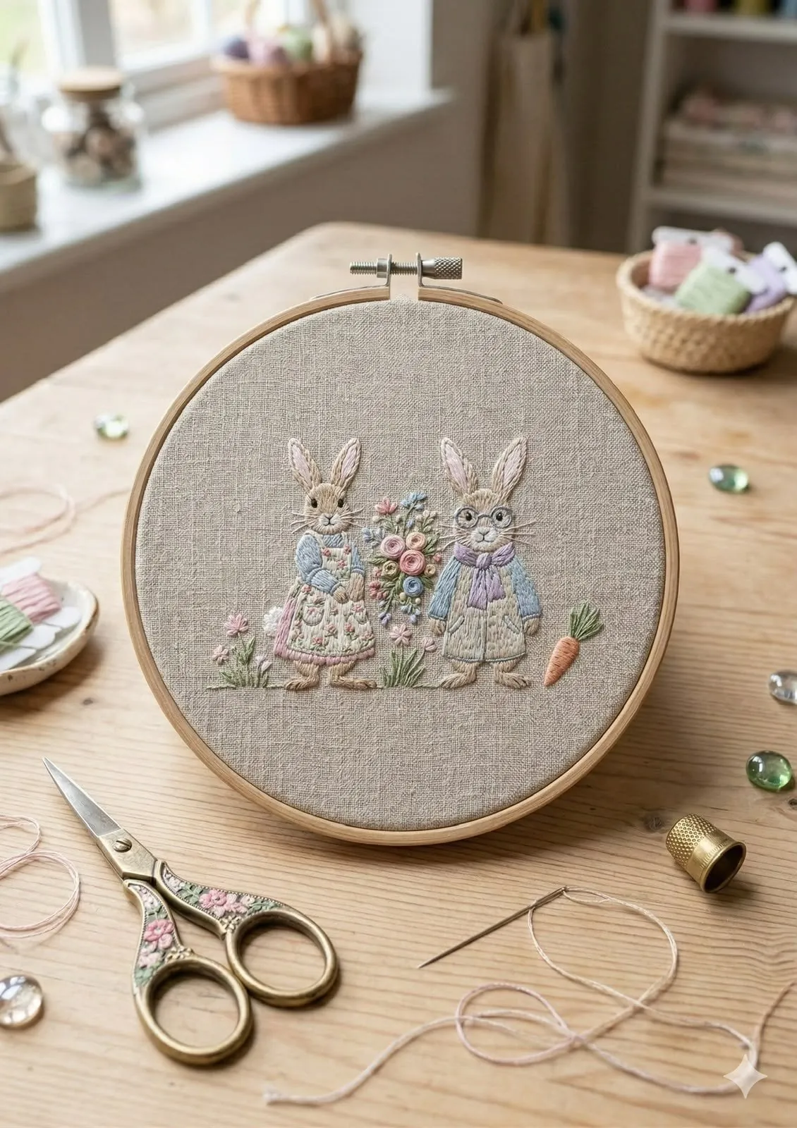 Bastidor com coelhos bordados sobre a mesa de trabalho
