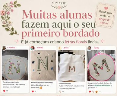 Mosaico de alunas mostrando suas primeiras letras florais bordadas