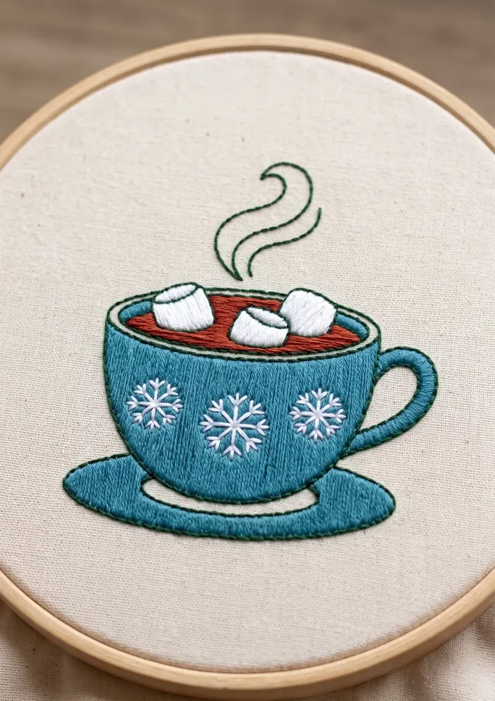 Exemplo do bônus 24 Dias de Natal: xícara de chocolate quente bordada
