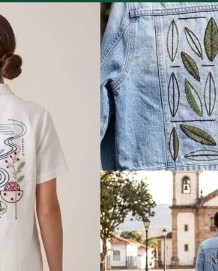 Jaqueta jeans com folhas bordadas na parte de trás