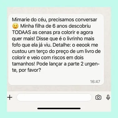 Print de mensagem de cliente elogiando o livrinho de riscos