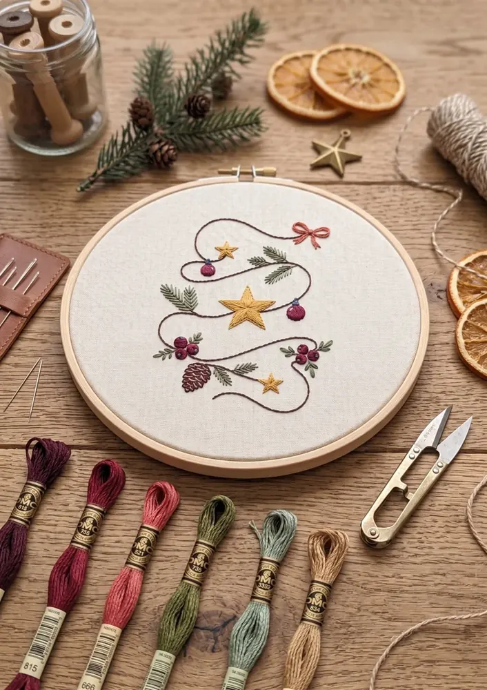 Bastidor ilustrativo com o projeto O Fio do Natal, linhas e materiais