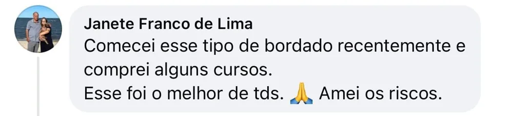 Print de conversa de aluna mostrando o bordado finalizado