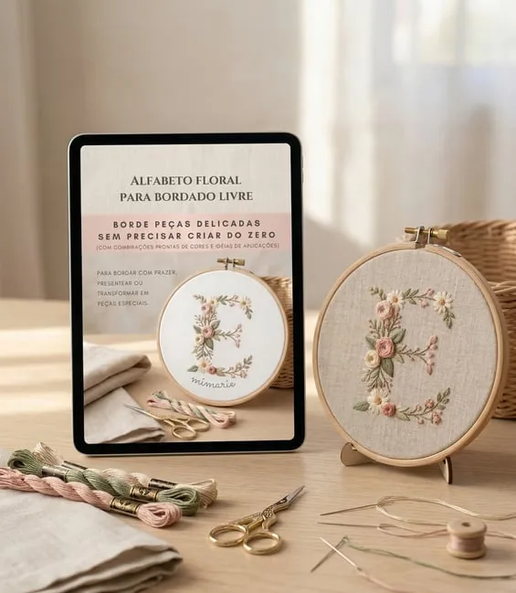 Tablet com o ebook Alfabeto Floral ao lado de bastidores com letras florais bordadas