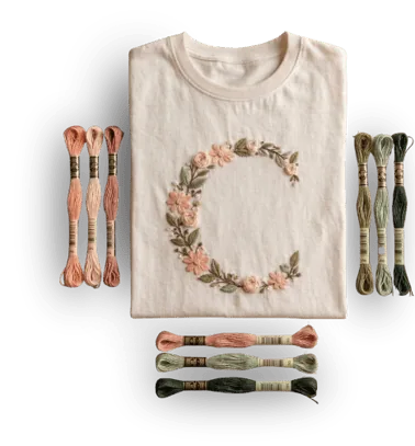 Camiseta bege bordada com a letra C floral ao lado de linhas coloridas