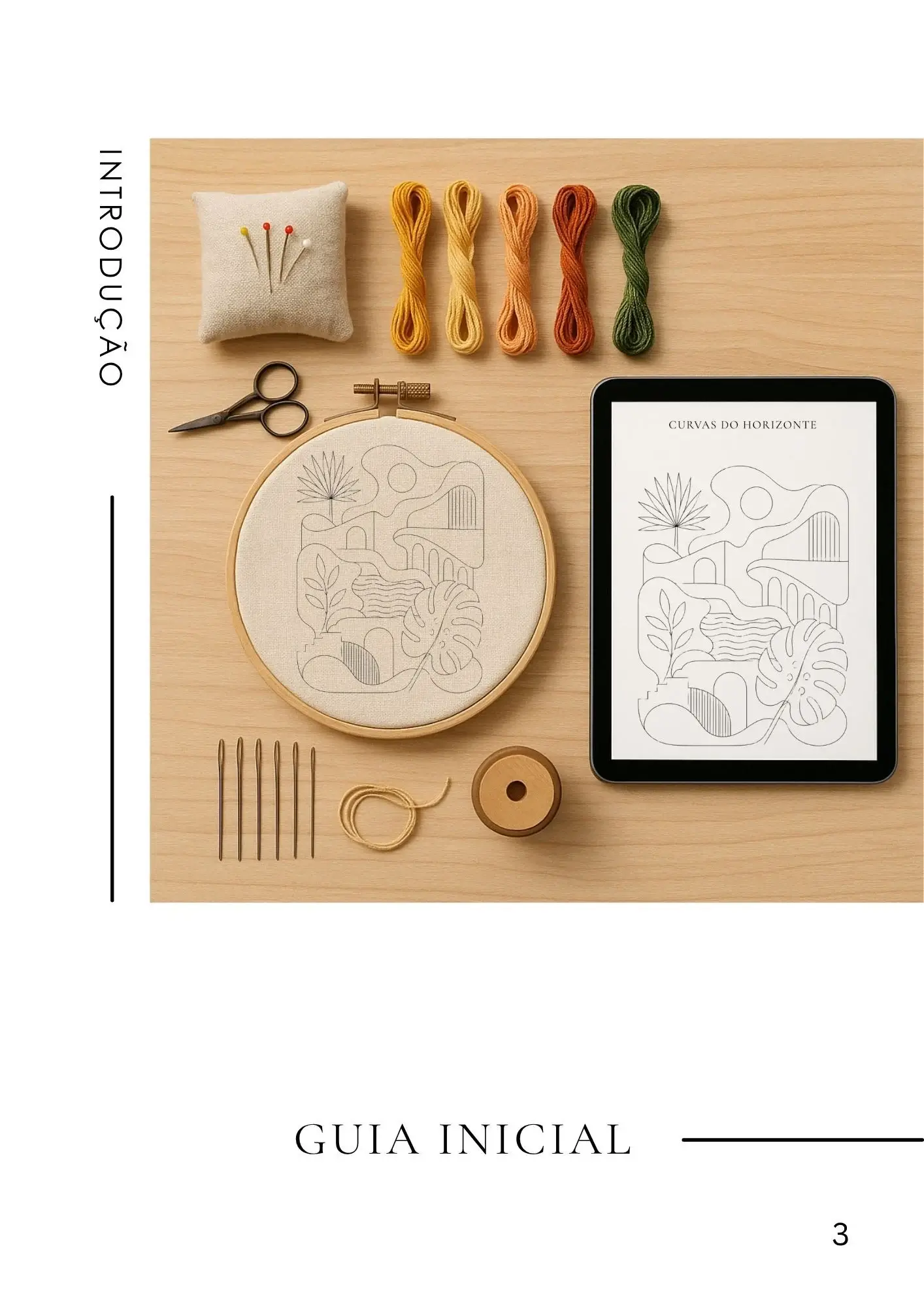 Página do ebook com risco de bordado contemporâneo em estilo orgânico e floral