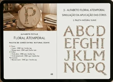 Página do ebook com o alfabeto Floral Atemporal e a simulação da aplicação das cores